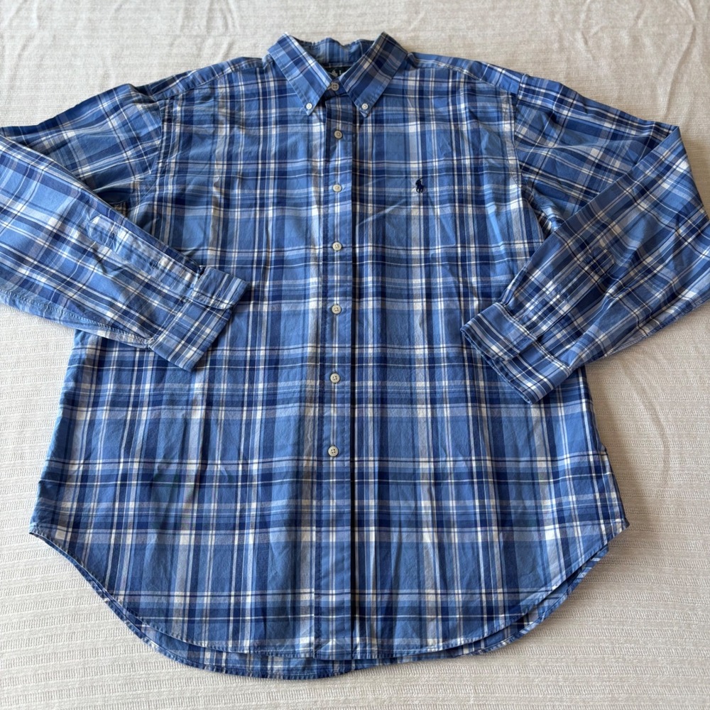 Polo Ralph Lauren Mens XL Classic Fit Blue Plaid Cotton Button Down Shirt